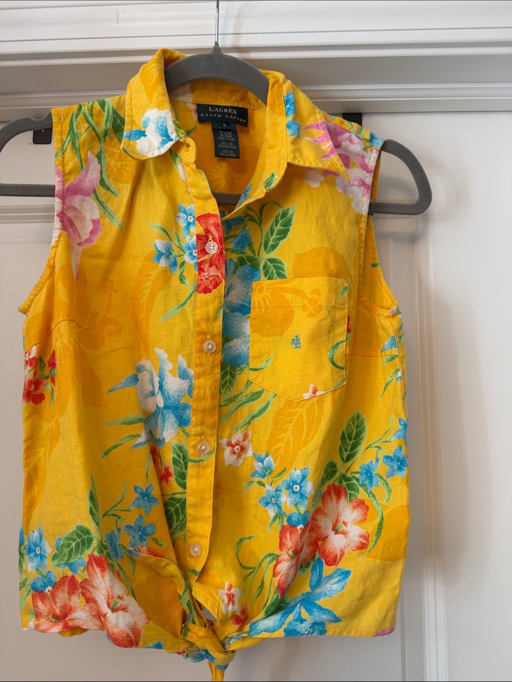 100% Linen Lauren Ralph Lauren Yellow Floral Tie-Front Button-Up Tank